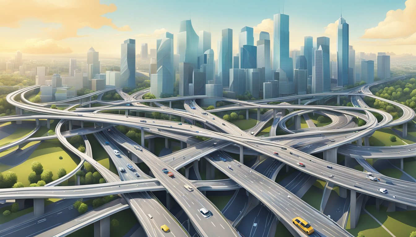 A network of roads and highways intersecting with a city skyline in the background