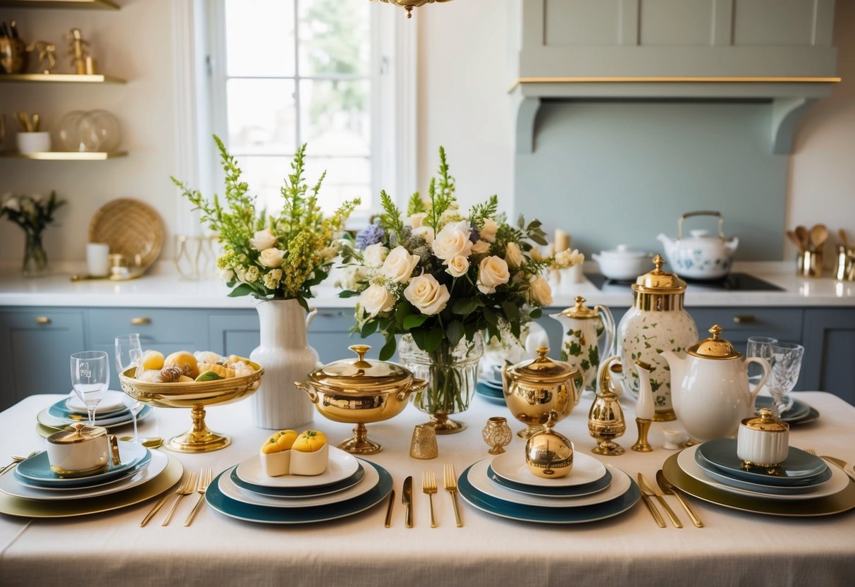 A beautifully arranged table showcasing a variety of high-quality, luxurious household items, including kitchenware, bedding, and decor