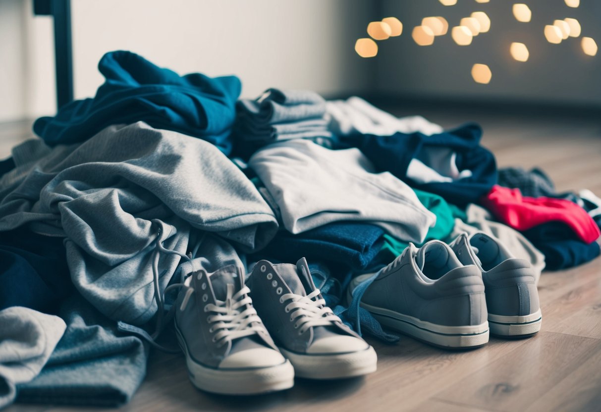 A pile of casual clothing items scattered on the floor, including sweatpants, t-shirts, and sneakers
