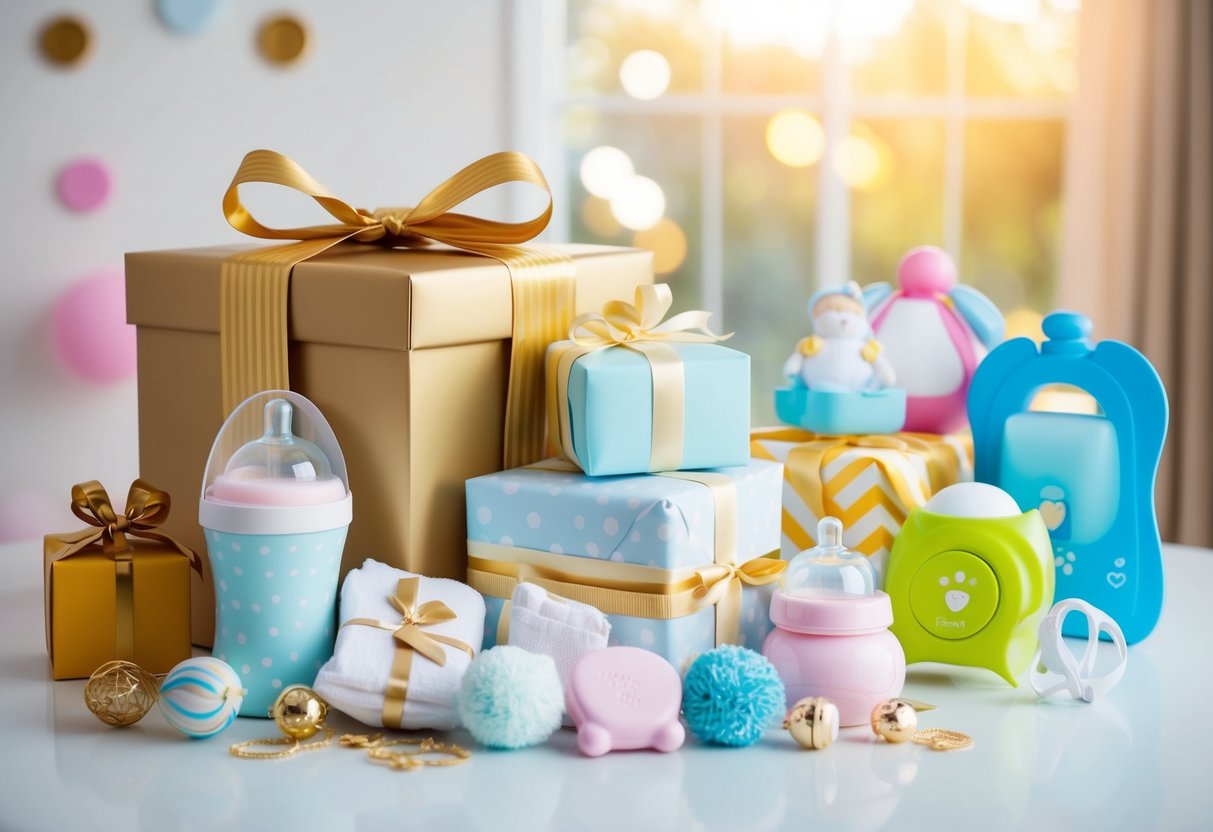 A beautifully wrapped gift box filled with luxurious baby items, surrounded by a mix of practical and affordable gifts on a baby shower gift registry