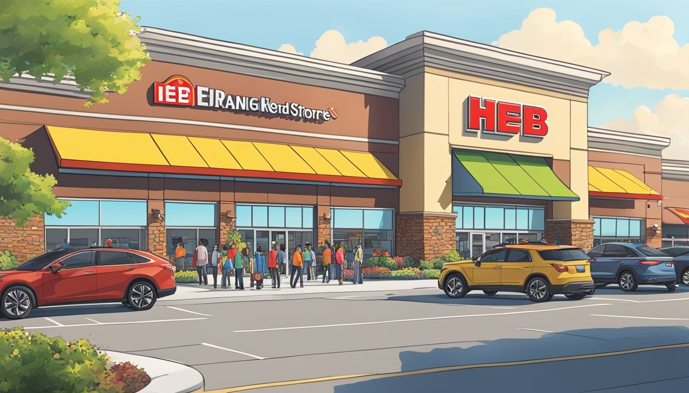 A bustling H-E-B store in Mansfield, TX with a colorful facade, busy parking lot, and shoppers entering and exiting the building