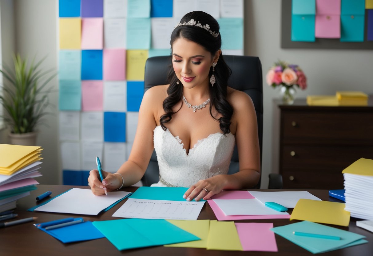 A bride sits at a desk, surrounded by colorful paper, pens, and envelopes. She looks at a calendar, pondering when to request RSVPs for her wedding invitations