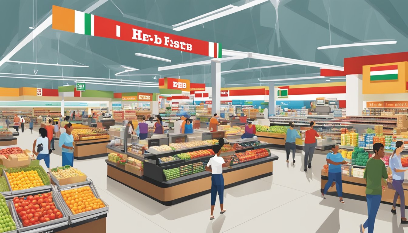 A bustling H-E-B store with colorful product displays and busy checkout lanes