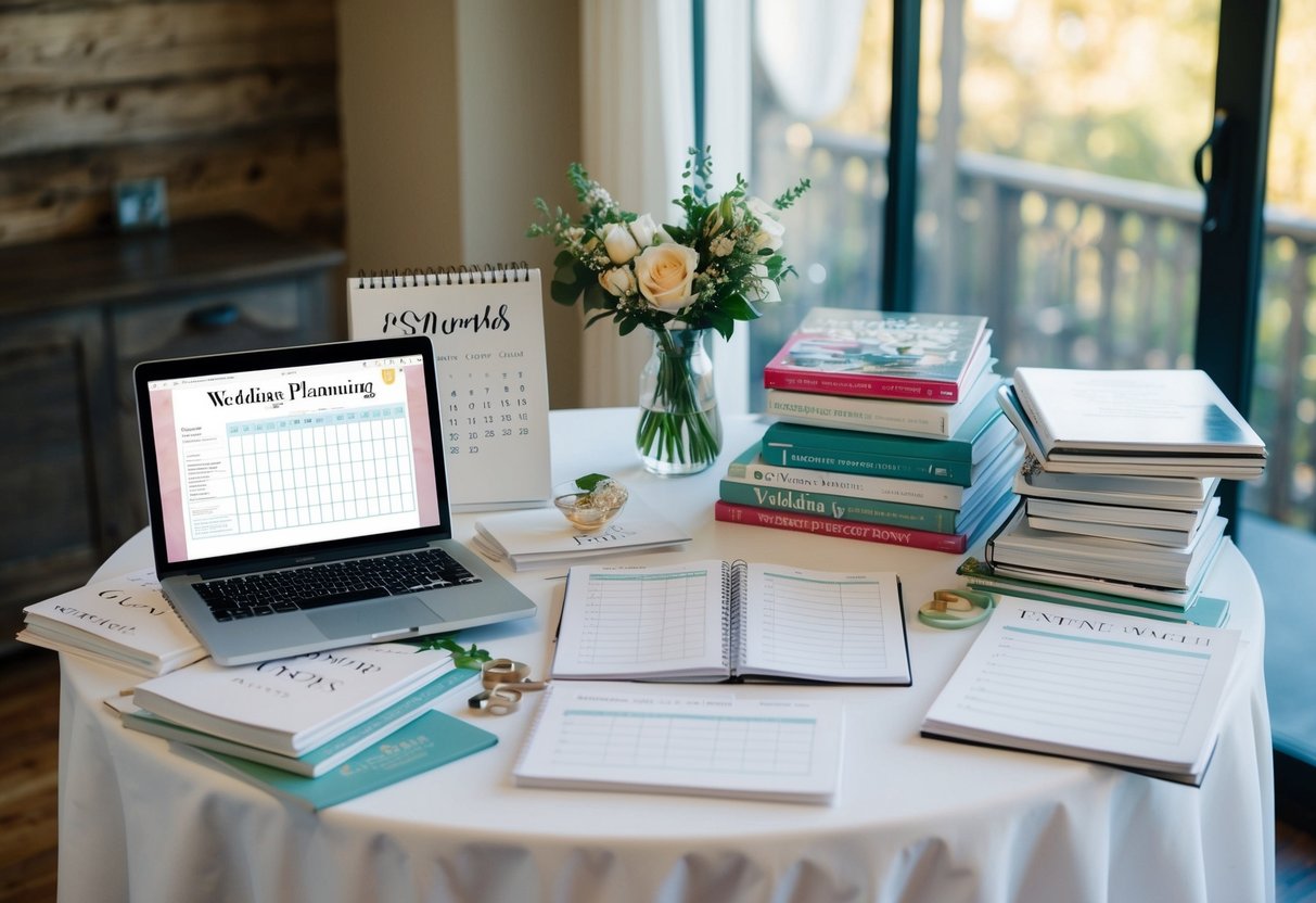 A table covered in wedding planning books, magazines, and a calendar with eight months marked. A laptop open to a wedding checklist