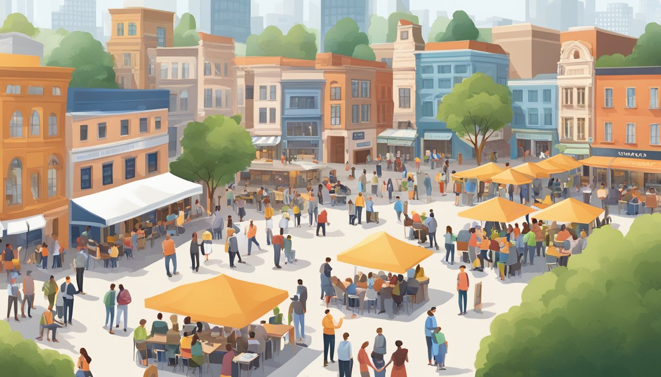 A bustling town square with people interacting at community events and job fairs