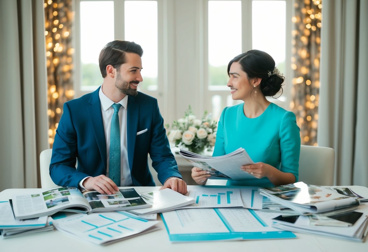 A couple sits at a table covered in wedding magazines and spreadsheets, discussing their vision and budget for the big day