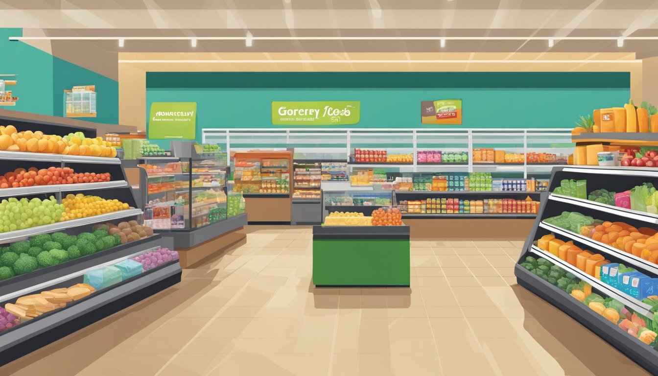 A bustling grocery store in Mansfield, TX with colorful signage and a variety of products on display