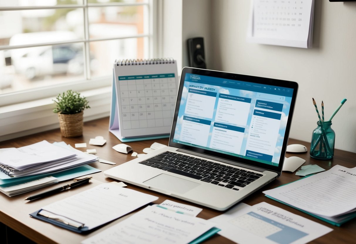 A cluttered desk with scattered papers, a calendar, and a laptop open to a wedding planning website. Multiple tabs open with to-do lists and vendor contacts