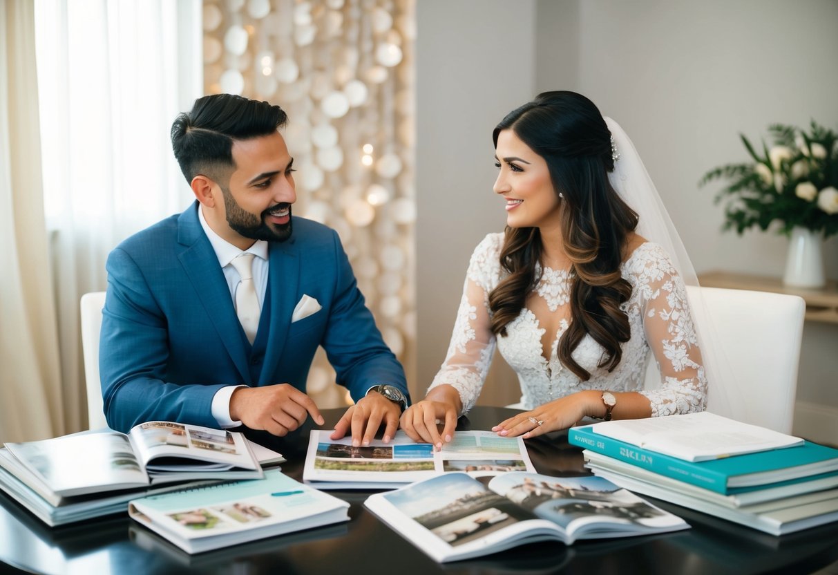 A couple sitting at a table, surrounded by wedding magazines and planning books. They are discussing and finalizing key components for their upcoming wedding