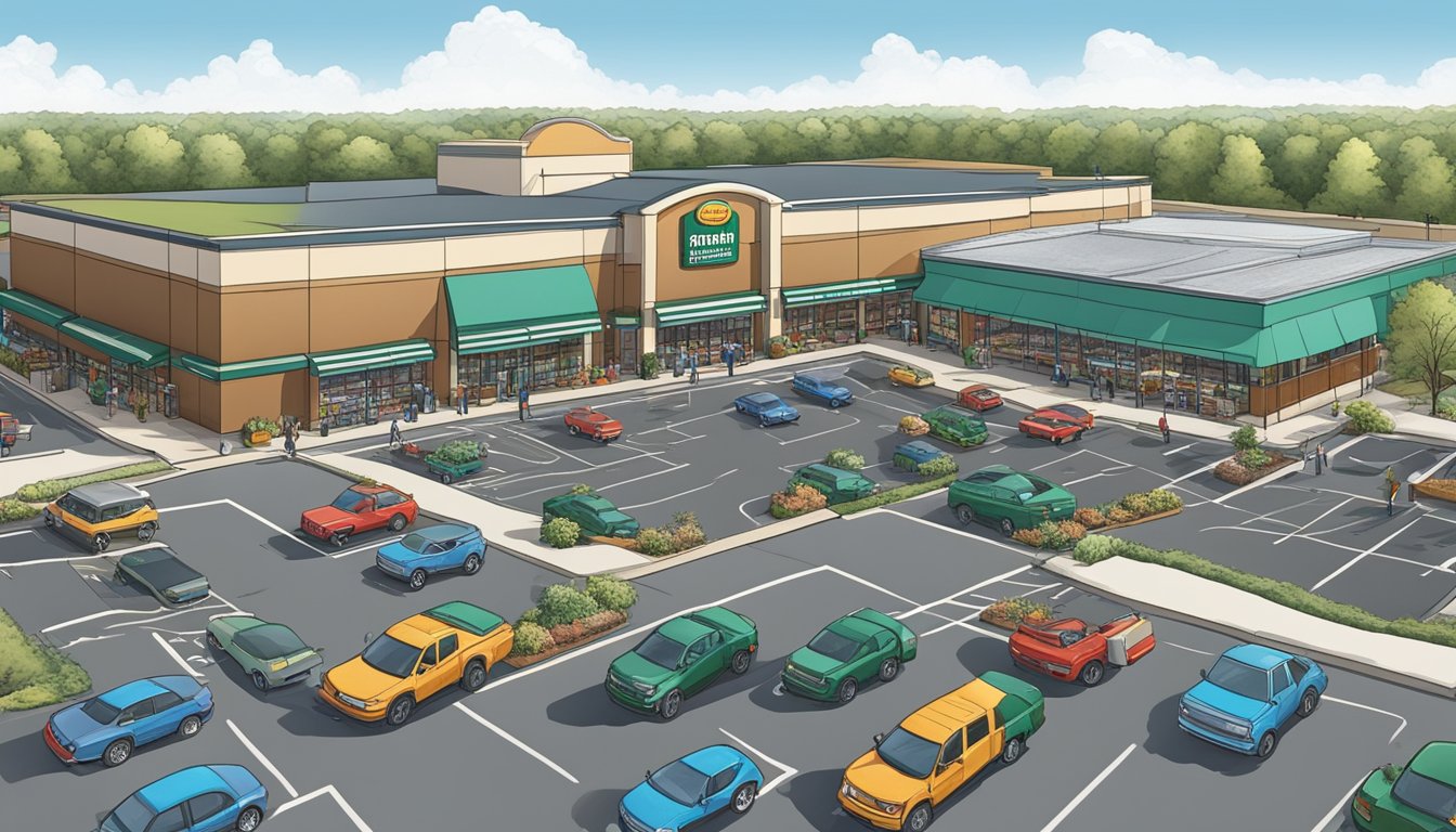 The bustling parking lot of a large grocery store, surrounded by other commercial buildings and a growing suburban neighborhood in Mansfield, TX