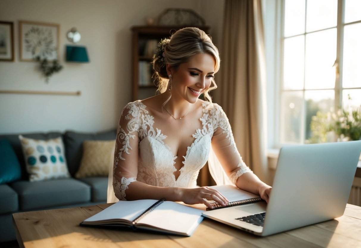 A bride-to-be researching wedding themes and dress styles in a cozy, sunlit room with a notebook and laptop open on a table