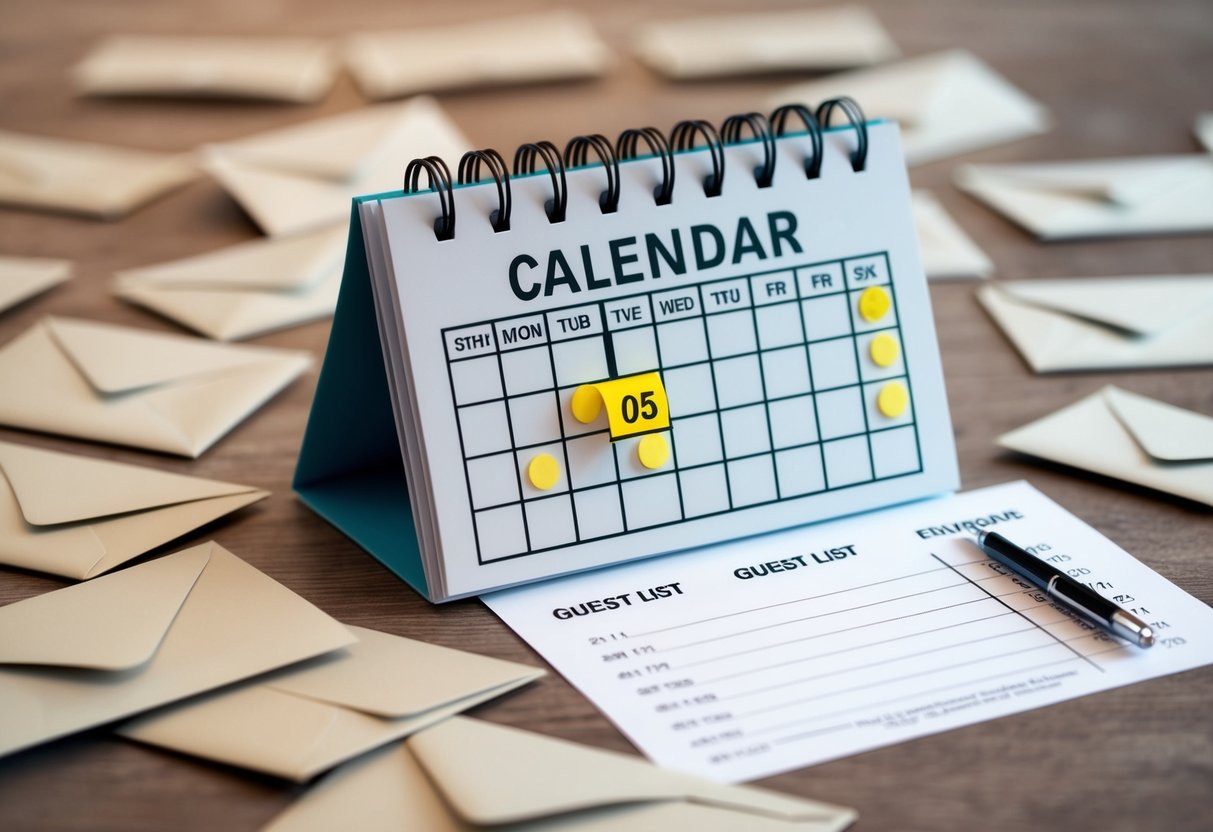 A calendar with a highlighted date for sending invitations, surrounded by scattered envelopes and a guest list