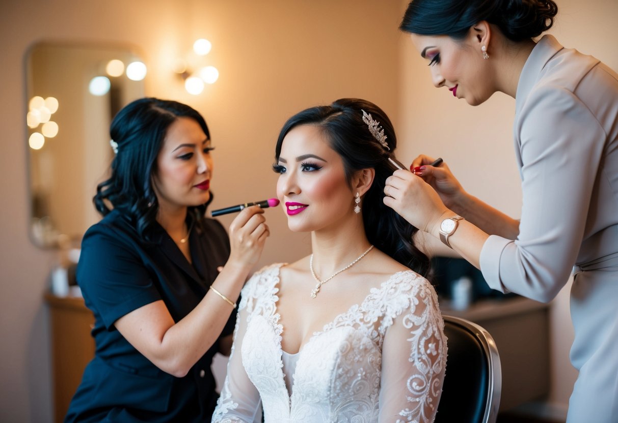 A bride sits in a chair as a makeup artist applies lipstick and a hairstylist works on her hair