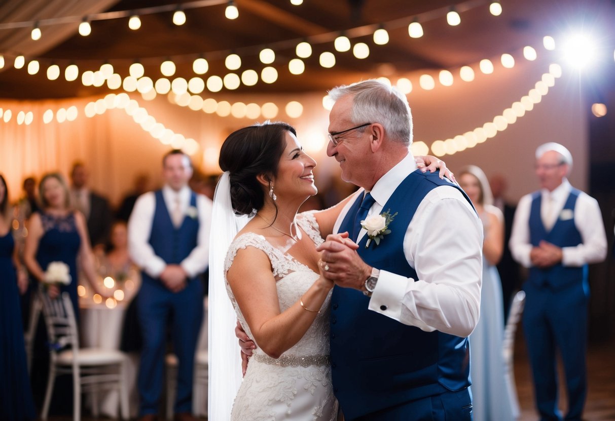 Parents dance under twinkling lights at a wedding reception