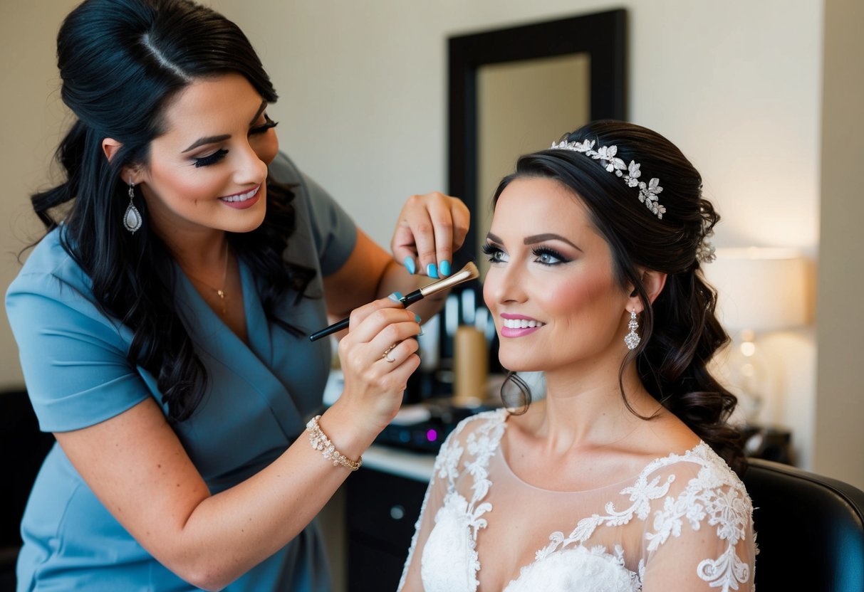 A bride sits in a chair while a makeup artist applies the final touches to her face. A hairstylist adds the finishing details to her hair, ready for the big day