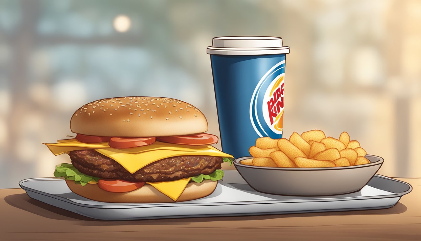 A steaming breakfast sandwich from Burger King sits on a tray with a side of hash browns and a cup of coffee