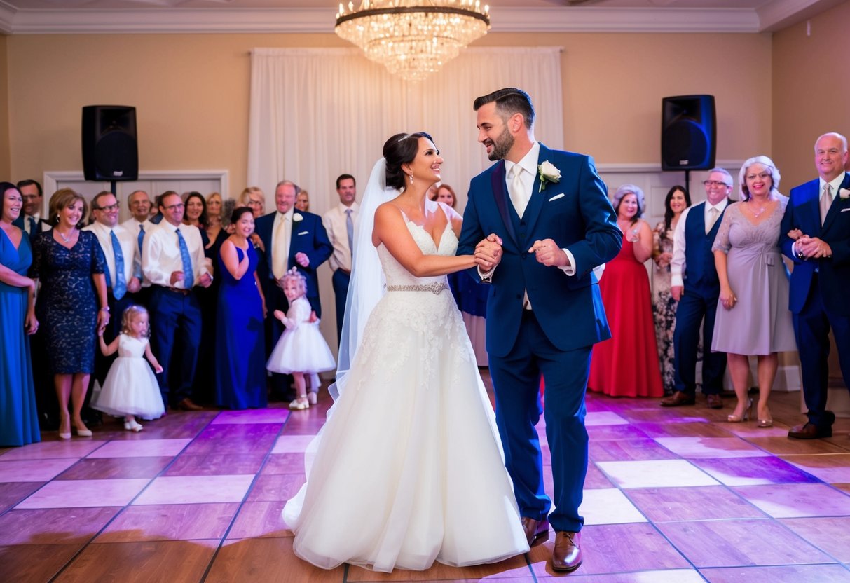 A bride and groom stand in the center of the dance floor, surrounded by family and friends. The DJ announces the parent dances, and the couple gracefully moves to their respective parents