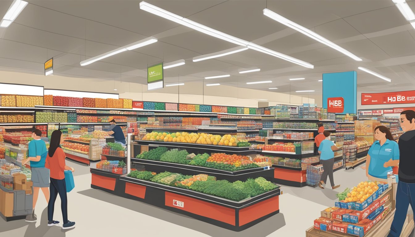 A bustling H-E-B store in Lubbock, TX, with customers browsing aisles and employees stocking shelves