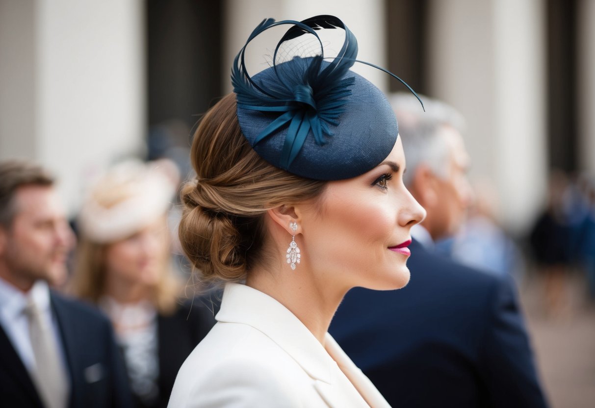 A woman's profile, head turned slightly, wearing a fascinator on the left side of her head