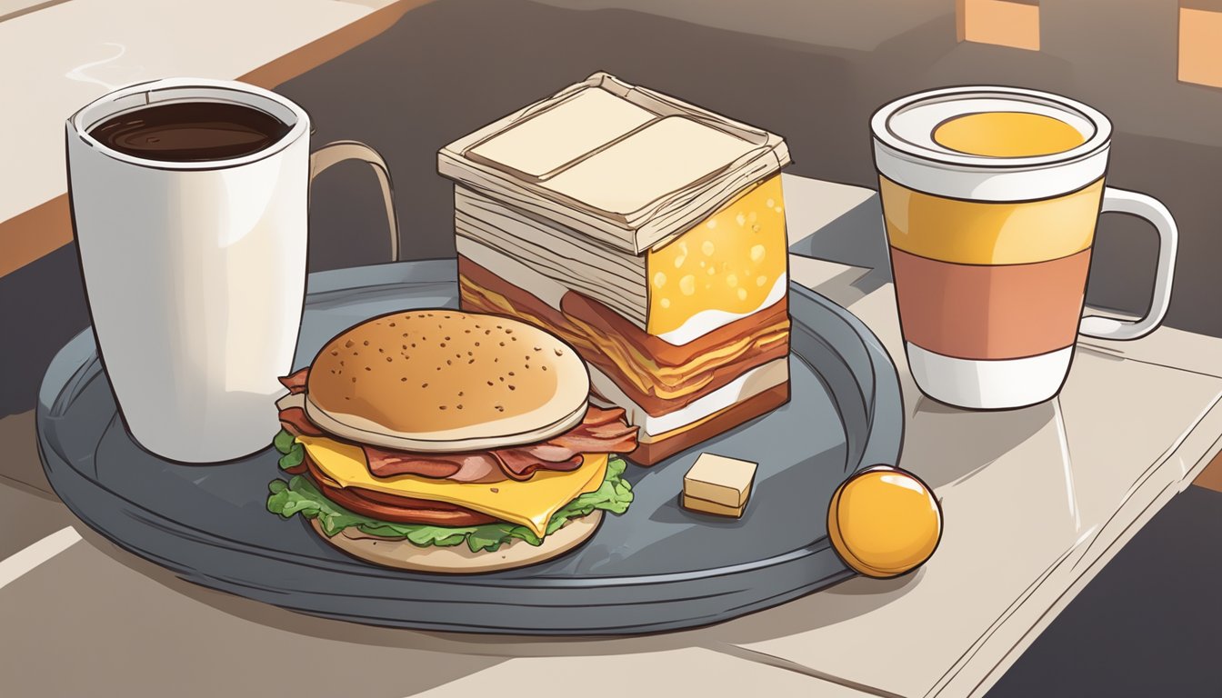 A breakfast sandwich with eggs, bacon, and cheese sits on a tray next to a steaming cup of coffee at Burger King