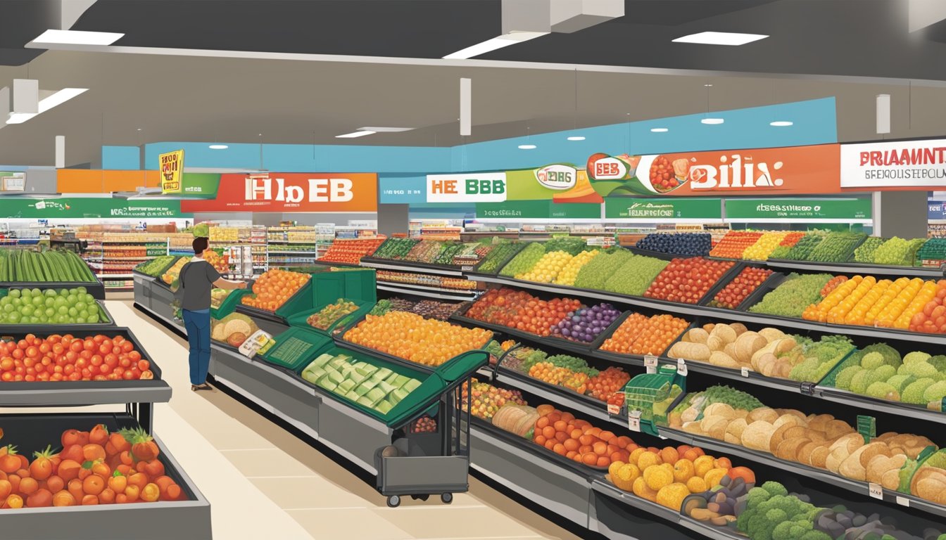 A bustling H-E-B store in Lubbock, Texas, with colorful produce displays, aisles of groceries, and busy checkout lanes