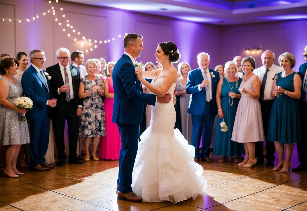 A bride and groom stand on the dance floor, surrounded by family and friends. The soft glow of the evening light fills the room as they share a heartfelt dance with their parents