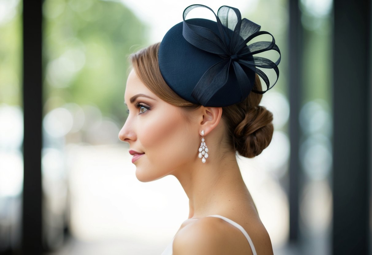 A woman's profile, head tilted slightly, wearing a fascinator on the right side of her head, with hair neatly styled
