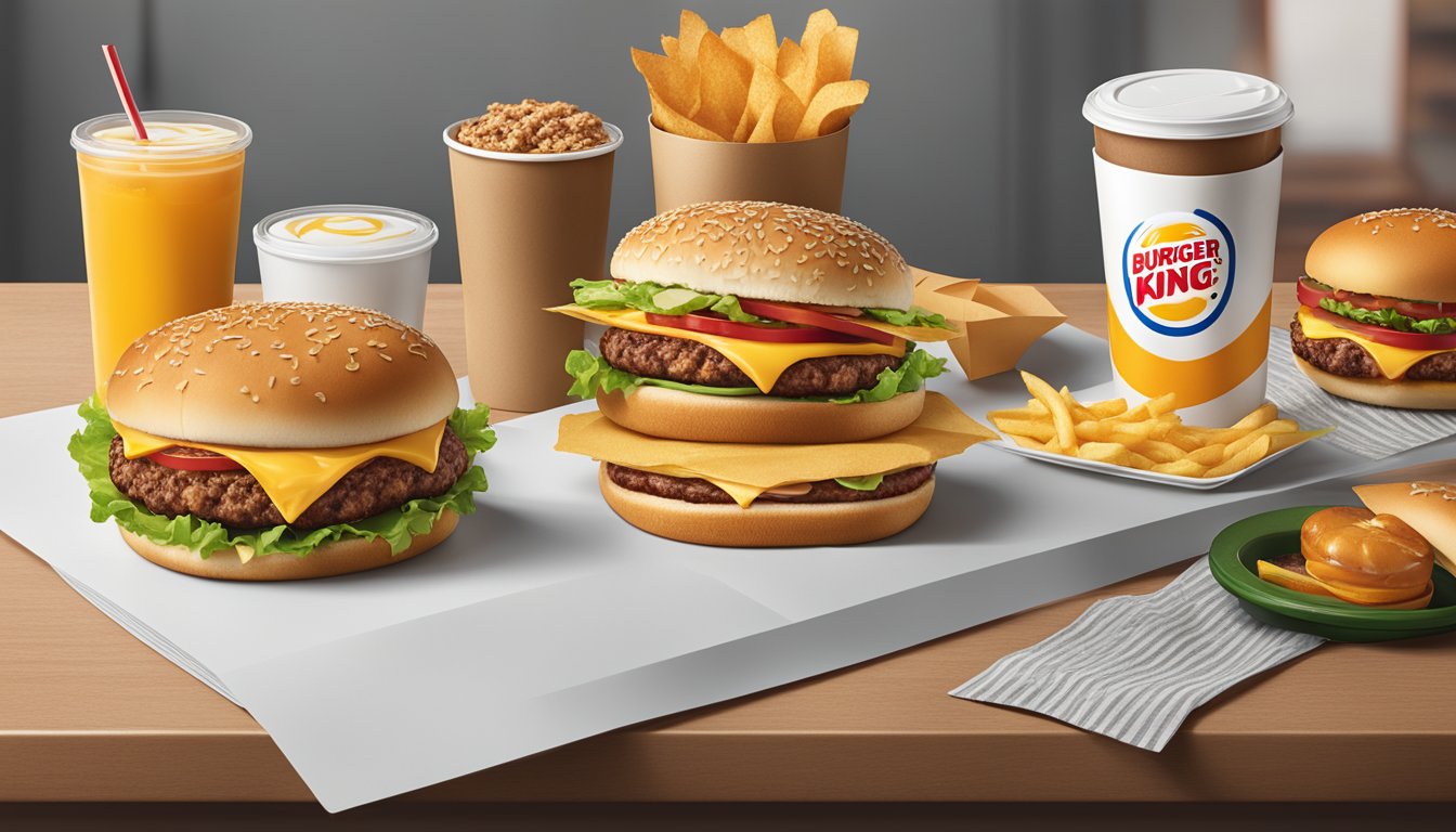 A breakfast sandwich and burger from Burger King arranged on a table with exclusive meal bundles packaging