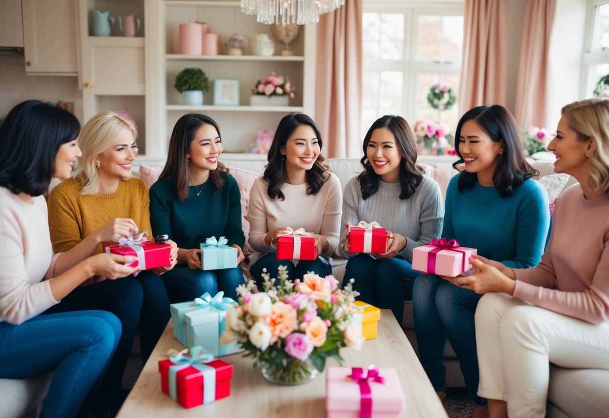 A group of women gathered in a cozy living room, sipping tea and chatting while opening gifts. A table is adorned with flowers and pastel decorations