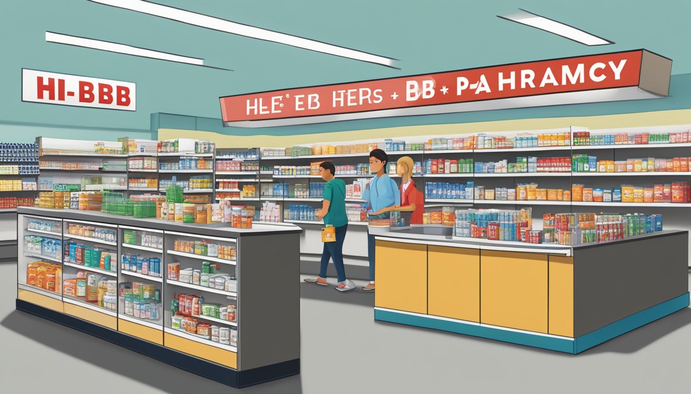 A bustling H-E-B Pharmacy in Lubbock, TX, with customers at the counter and shelves stocked with medicine and health products