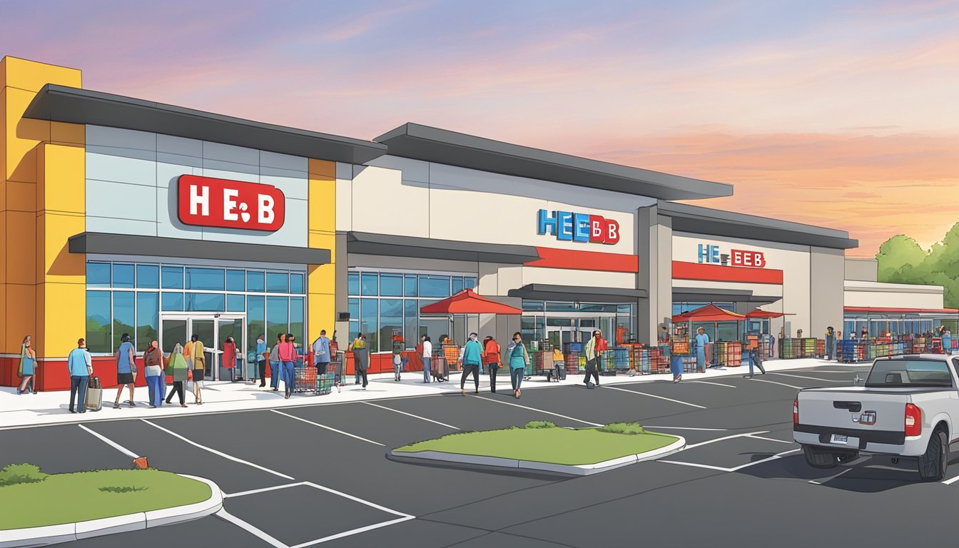 A bustling H-E-B store in Frisco, Texas, with a colorful exterior, busy parking lot, and customers entering and exiting with shopping carts