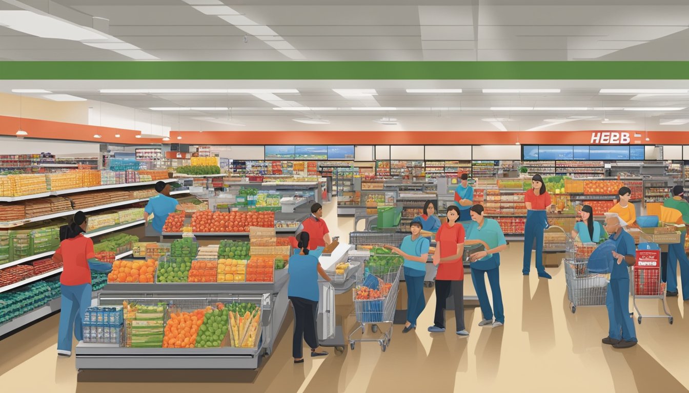 The bustling H-E-B store in Lubbock, TX with employees assisting customers, stocking shelves, and managing the checkout lanes