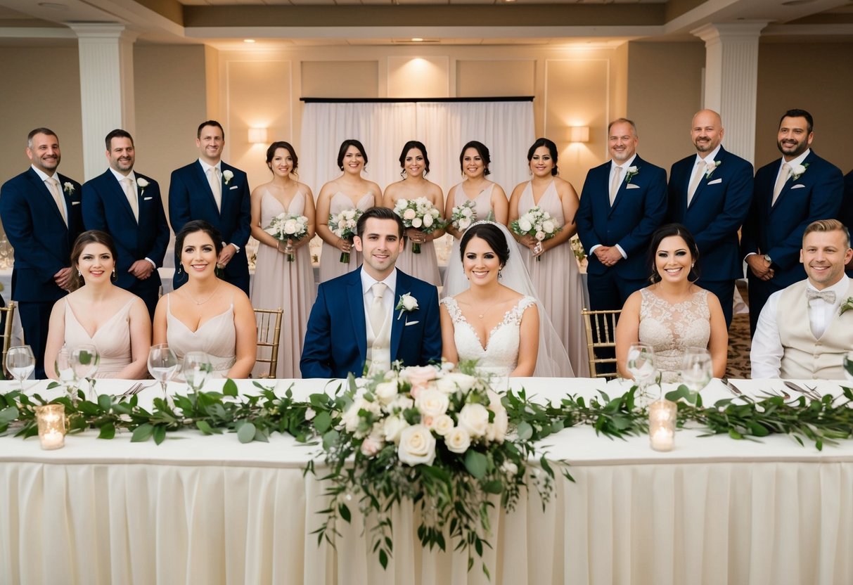 The bride and groom sit at a beautifully decorated head table at the center of the reception hall, surrounded by their bridal party and family members