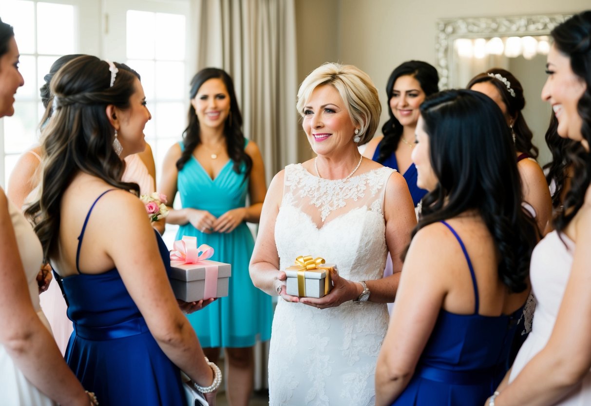 A group of women at a bridal shower, with one woman standing out as the mother of the groom. She is engaged in conversation with the bride and other guests, holding a gift in her hands
