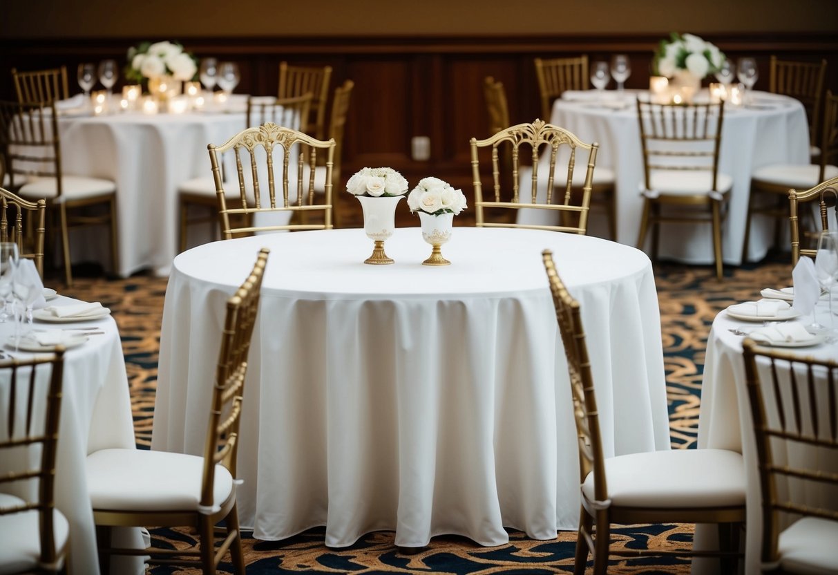 A round reception table with two ornate chairs at the center, flanked by smaller tables and chairs for guests