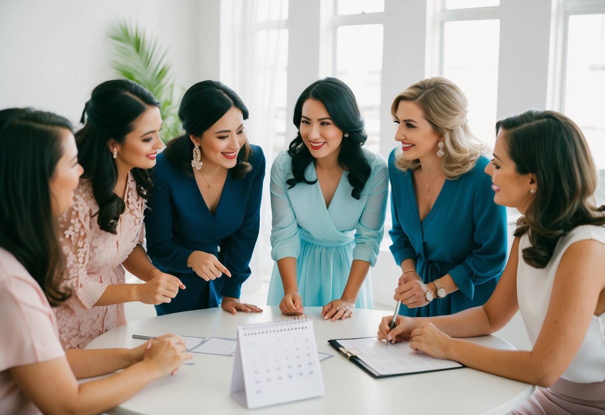 A group of women gathered around a table, discussing and planning for upcoming bridal showers. A calendar and invitation are visible on the table