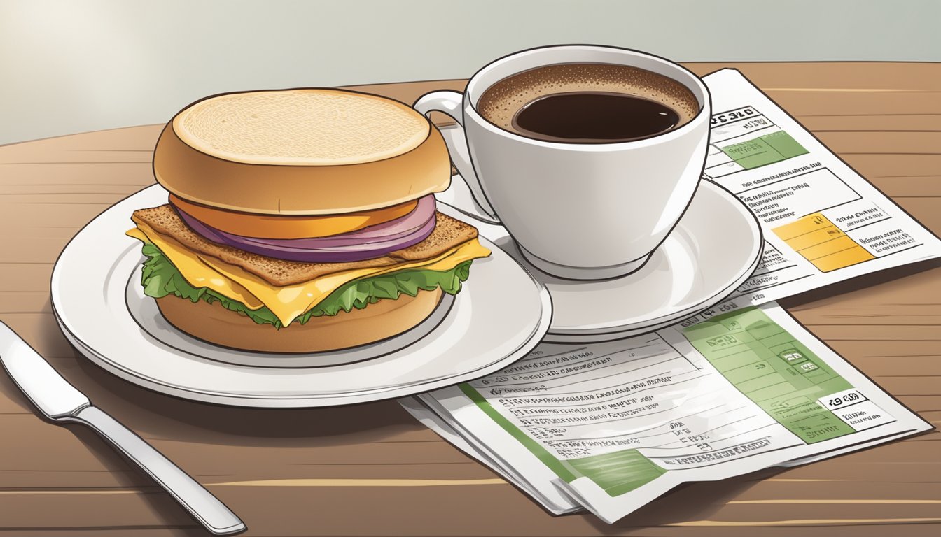 A breakfast sandwich sits on a white plate next to a cup of coffee, with a nutritional information label displayed prominently