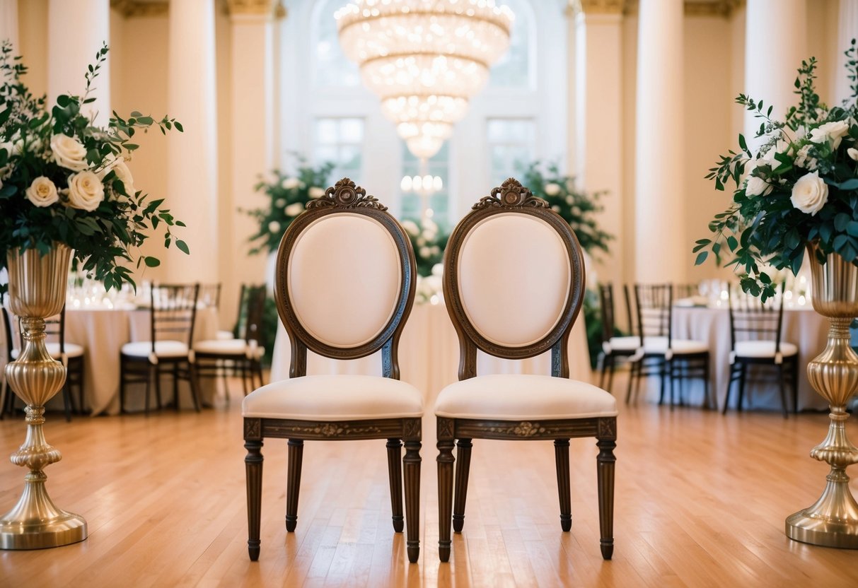 A grand reception hall with two ornate chairs at the center, adorned with flowers and elegant table settings