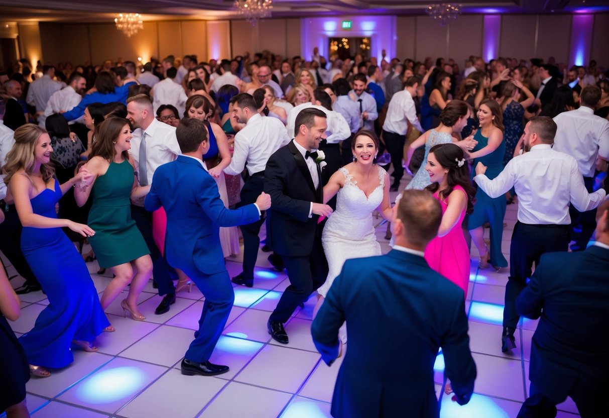 A crowded dance floor pulsing with energy as guests move to the beat of a classic hit at a lively wedding reception