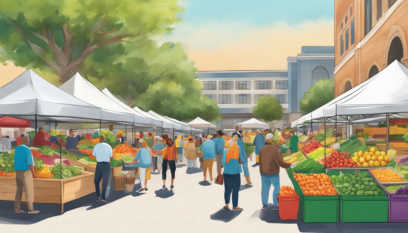 A bustling outdoor market with colorful stalls selling fresh fruits, vegetables, and other produce at Food and Produce heb frisco