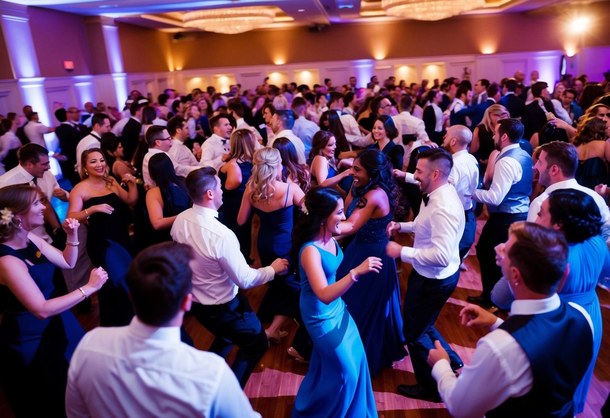 A crowded dance floor pulsing with energy as guests move to the beat of a lively, modern anthem at a wedding reception