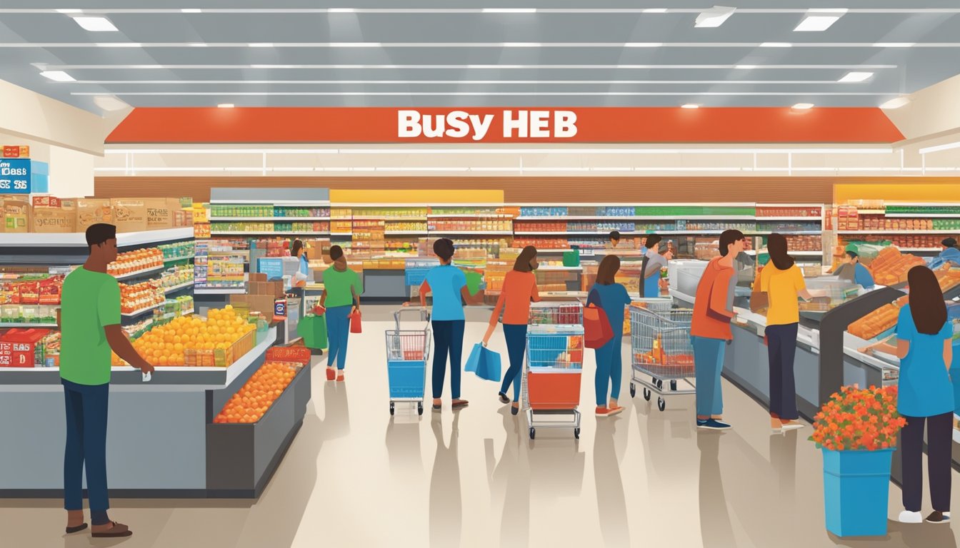 Busy H-E-B store in Lubbock, Texas with shoppers browsing aisles, employees stocking shelves, and checkout lines. Brightly lit, clean, and bustling with activity