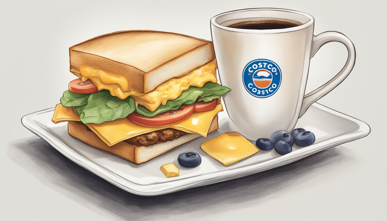 A breakfast sandwich sitting on a white plate next to a steaming cup of coffee, with the Costco logo visible in the background