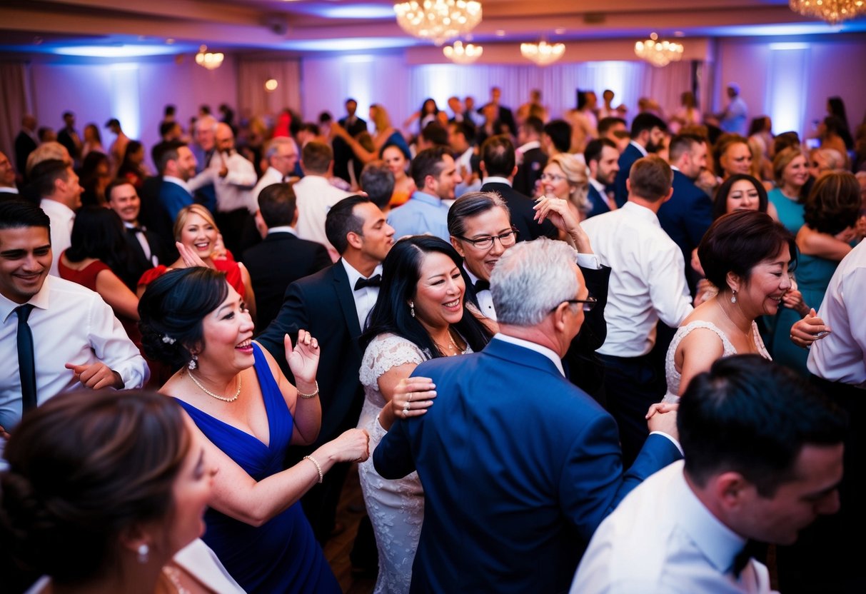 A crowded dance floor with people of all ages and backgrounds, moving to the beat of a lively, universally loved song at a wedding