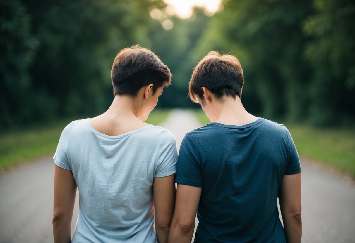 A couple standing back-to-back, each facing a different direction with a look of frustration and exhaustion on their faces
