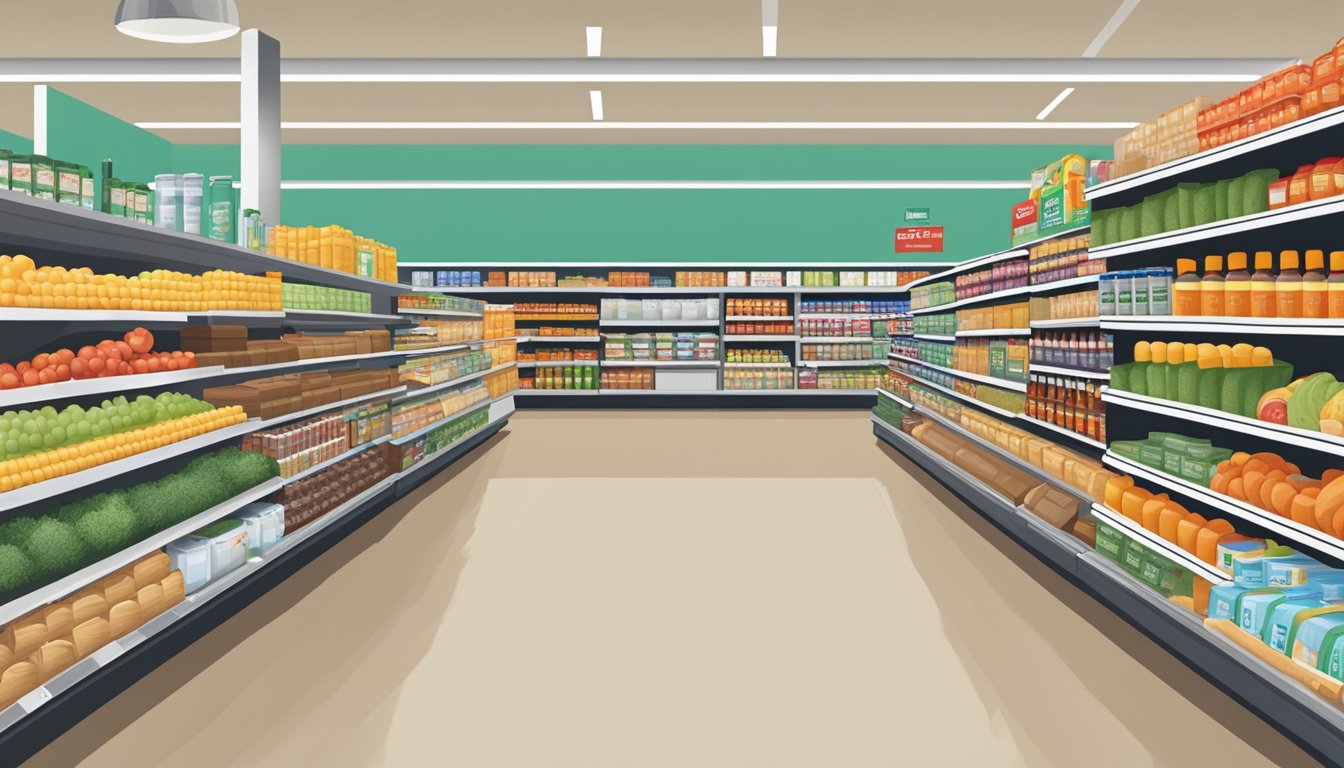 A busy grocery store aisle with shelves stocked with various products and services at a Lubbock HEB