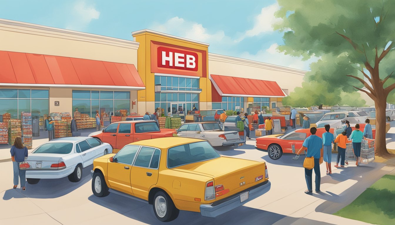 A busy parking lot outside a brightly lit HEB store in Lubbock, with customers loading groceries into their cars and a line of shopping carts near the entrance