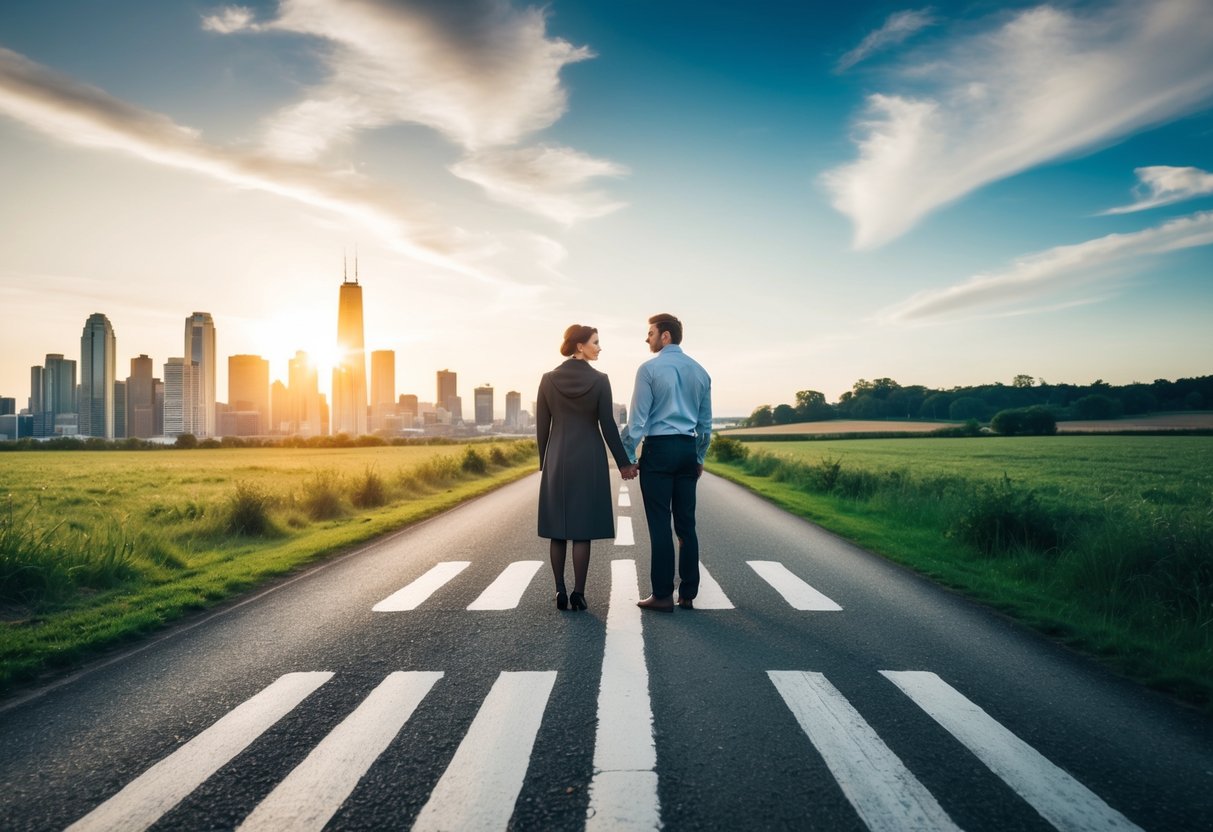 A couple stands at a crossroads, with one path leading to a busy cityscape and the other to a peaceful countryside. They appear uncertain and contemplative, symbolizing the challenges and decisions faced in marriage