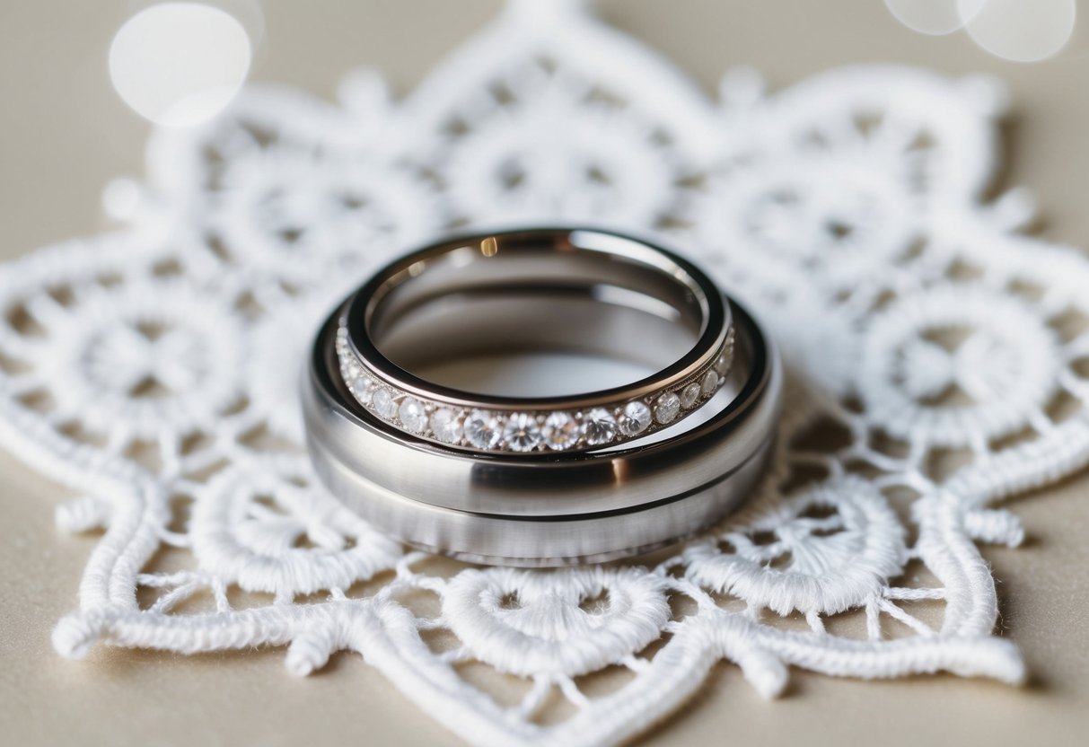 A couple's wedding rings intertwined on a white lace background, symbolizing the merging of their last names after marriage
