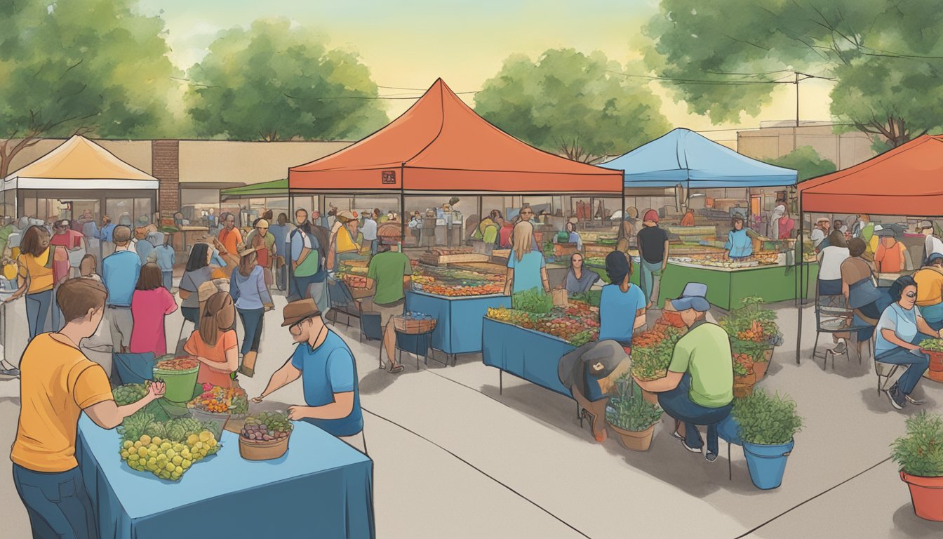 A bustling outdoor event at a Lubbock HEB, with people engaging in various activities and enjoying community connections